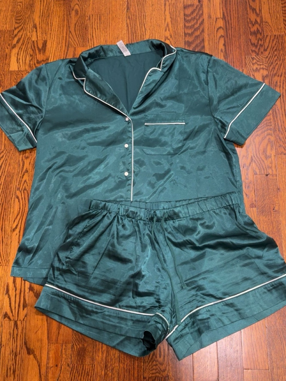 Zyia Satin Short Sleeve Pajama Set in Deep Green